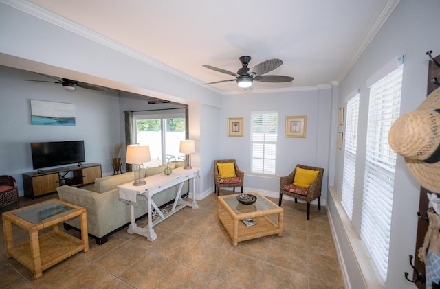 living room with ceiling fan, ornamental molding, and light tile patterned floors