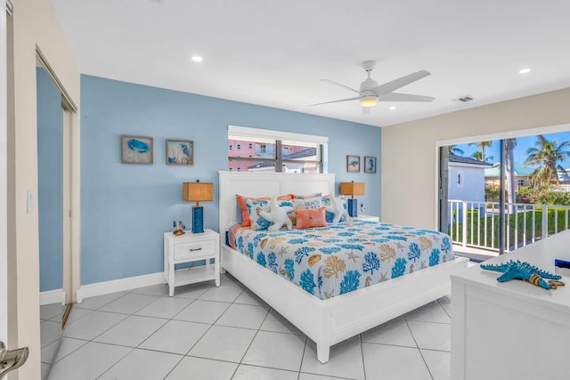 33 Kyle Way, Marathon, FL 33050 - bedroom with access to outside, recessed lighting, a ceiling fan, and light tile patterned floors