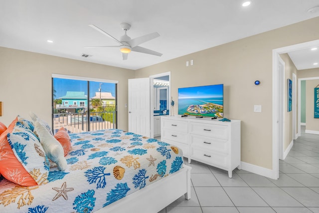 33 Kyle Way, Marathon, FL 33050 - bedroom featuring access to outside, light tile patterned flooring, recessed lighting, and ceiling fan