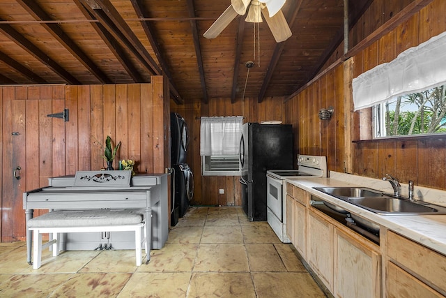 kitchen featuring wooden walls, lofted ceiling with beams, sink, electric range, and wooden ceiling