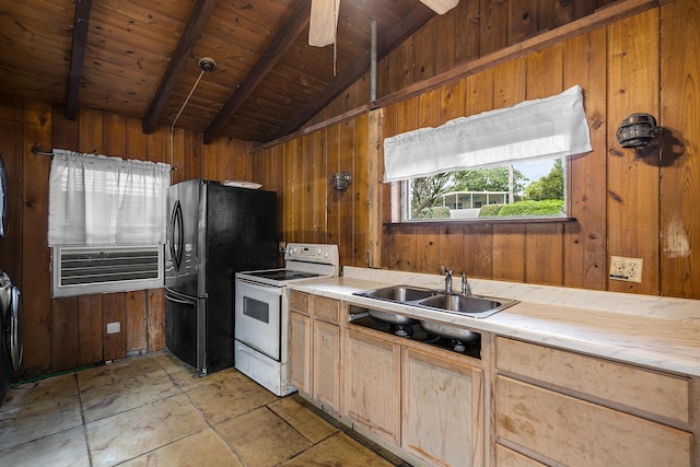 kitchen with sink, vaulted ceiling with beams, black refrigerator, wooden walls, and white electric stove