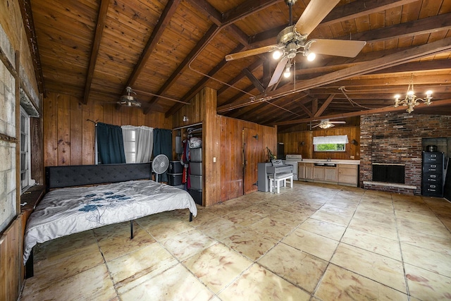 unfurnished bedroom featuring sink, wood ceiling, lofted ceiling with beams, and wood walls