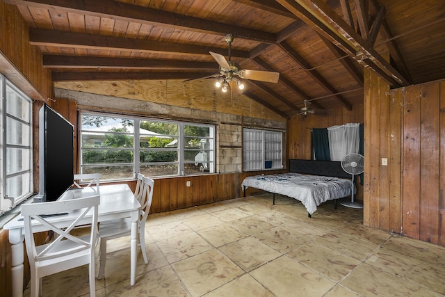 unfurnished bedroom featuring wooden ceiling, wooden walls, and vaulted ceiling with beams