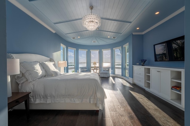 bedroom with crown molding, wooden ceiling, dark hardwood / wood-style floors, and access to exterior