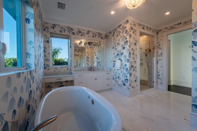 bathroom featuring an enclosed shower, vanity, and crown molding