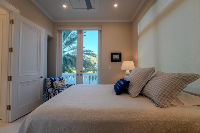 bedroom with crown molding, french doors, and access to outside