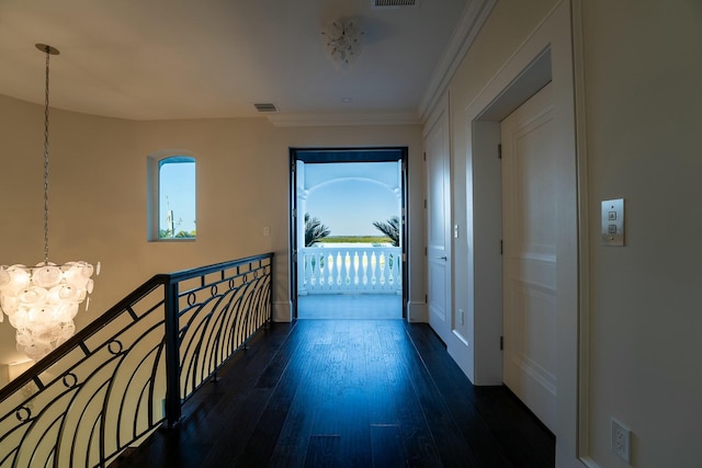 corridor featuring crown molding, dark hardwood / wood-style flooring, and a chandelier