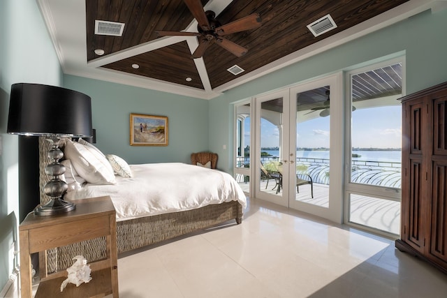 tiled bedroom featuring multiple windows, a water view, access to exterior, and wood ceiling