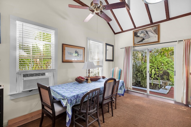 dining area featuring lofted ceiling, cooling unit, and ceiling fan