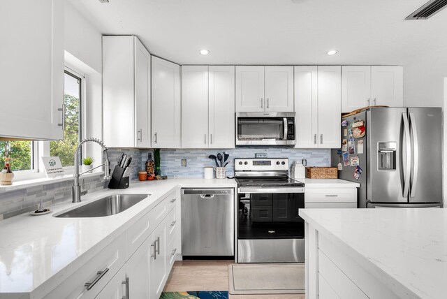 kitchen featuring sink, tasteful backsplash, light stone counters, appliances with stainless steel finishes, and white cabinets