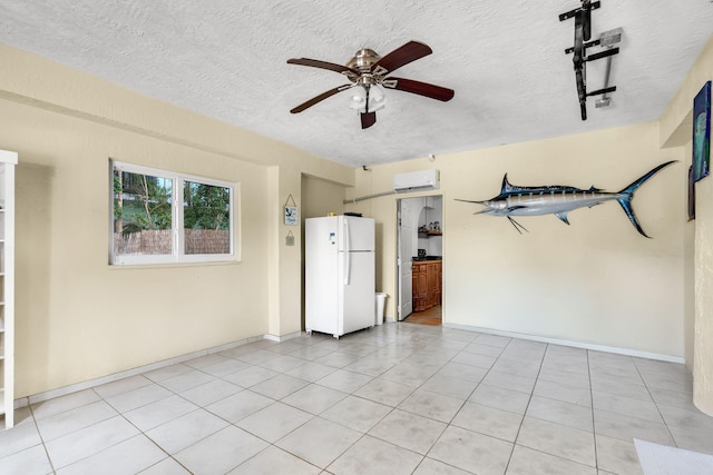 interior space featuring white refrigerator and ceiling fan