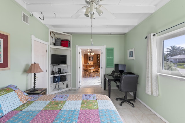 tiled bedroom featuring beamed ceiling and ceiling fan