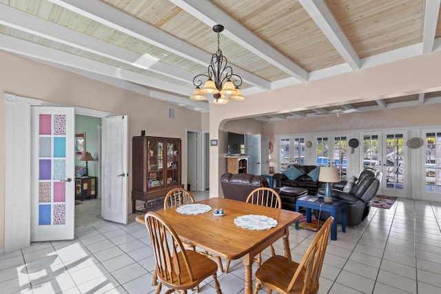 dining space featuring light tile patterned floors, beam ceiling, wooden ceiling, french doors, and a chandelier