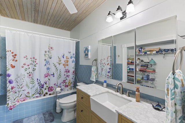 full bathroom featuring shower / bath combo, tile walls, vanity, wooden ceiling, and toilet