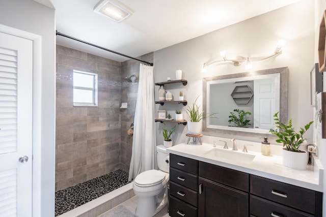 bathroom with vanity, toilet, and walk in shower