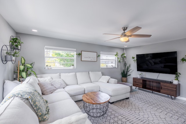 living room featuring ceiling fan