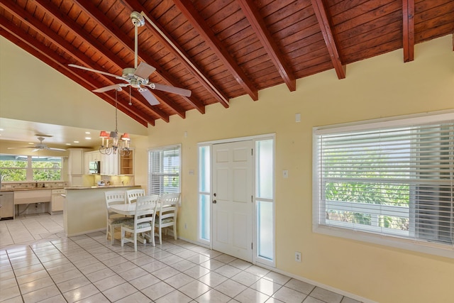 unfurnished dining area with light tile patterned floors, high vaulted ceiling, wooden ceiling, and beam ceiling