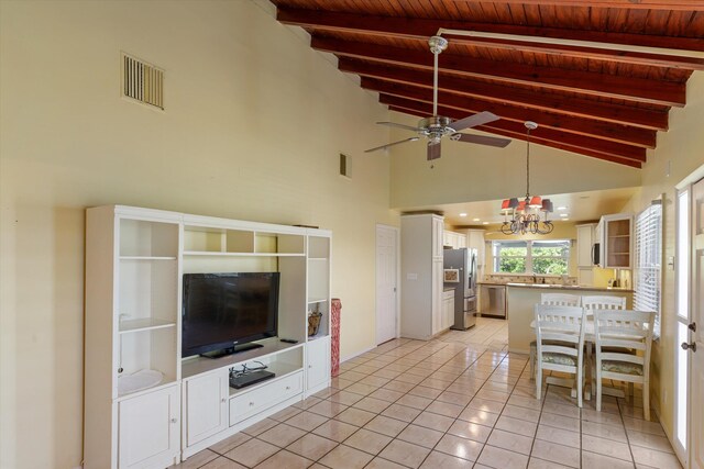 unfurnished living room featuring light tile patterned floors, lofted ceiling with beams, wooden ceiling, and visible vents