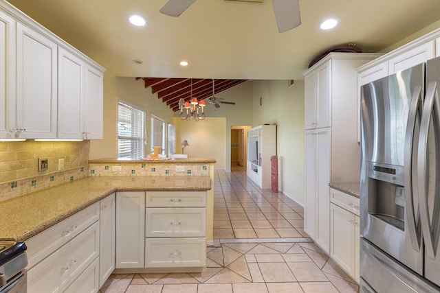 kitchen with tasteful backsplash, recessed lighting, appliances with stainless steel finishes, white cabinetry, and ceiling fan