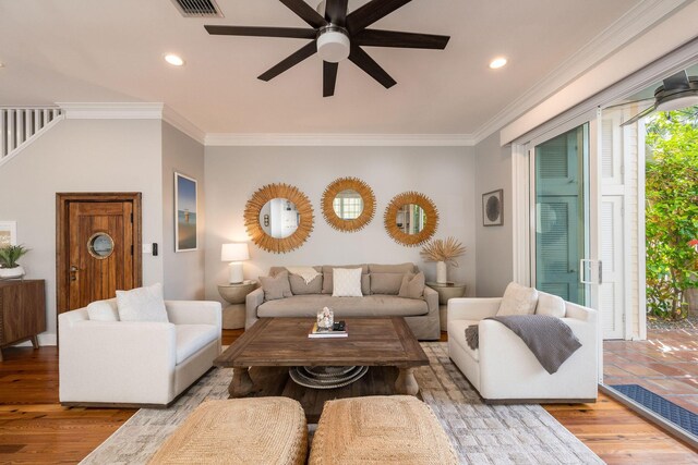 106 Admirals Ln, Key West, FL 33040 - living room featuring a ceiling fan, wood finished floors, ornamental molding, and recessed lighting