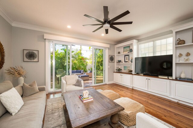106 Admirals Ln, Key West, FL 33040 - living room featuring ornamental molding, ceiling fan, light wood-style floors, and recessed lighting