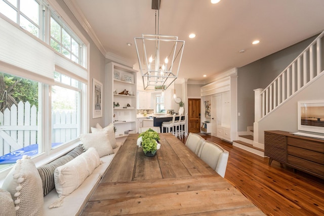 106 Admirals Ln, Key West, FL 33040 - dining room with ornamental molding, a chandelier, recessed lighting, wood finished floors, and stairs