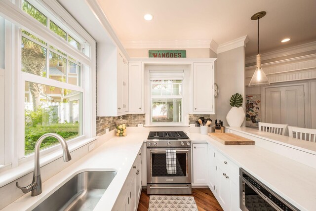 106 Admirals Ln, Key West, FL 33040 - kitchen featuring stainless steel range with gas stovetop, a sink, plenty of natural light, crown molding, and white cabinets