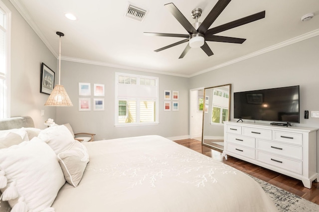 106 Admirals Ln, Key West, FL 33040 - bedroom featuring dark wood-type flooring, crown molding, baseboards, a ceiling fan, and recessed lighting