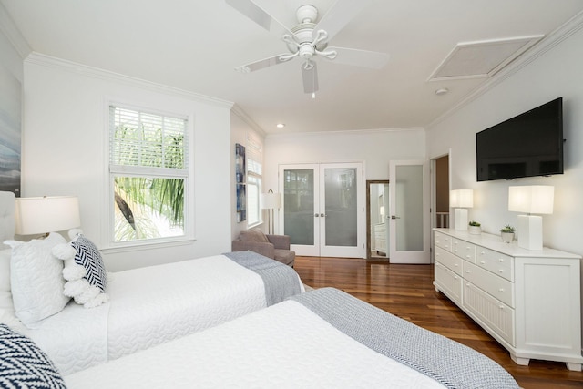 106 Admirals Ln, Key West, FL 33040 - bedroom featuring french doors, dark wood-style flooring, ornamental molding, attic access, and recessed lighting