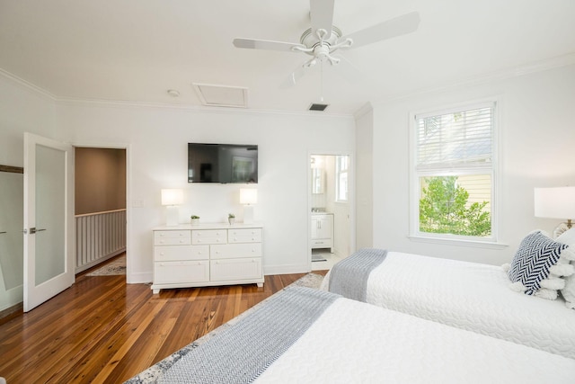 106 Admirals Ln, Key West, FL 33040 - bedroom with ornamental molding, wood finished floors, baseboards, ensuite bathroom, and ceiling fan