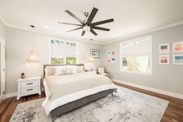 106 Admirals Ln, Key West, FL 33040 - bedroom with dark wood-type flooring, ornamental molding, baseboards, ceiling fan, and recessed lighting