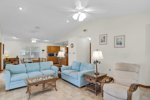 444 Calle De Luna, Marathon, FL 33050 - living area featuring ceiling fan, lofted ceiling, visible vents, and baseboards
