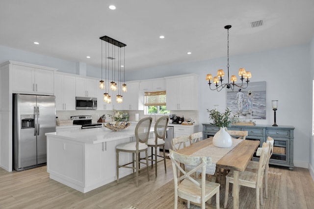 kitchen featuring white cabinetry, appliances with stainless steel finishes, a center island, and pendant lighting