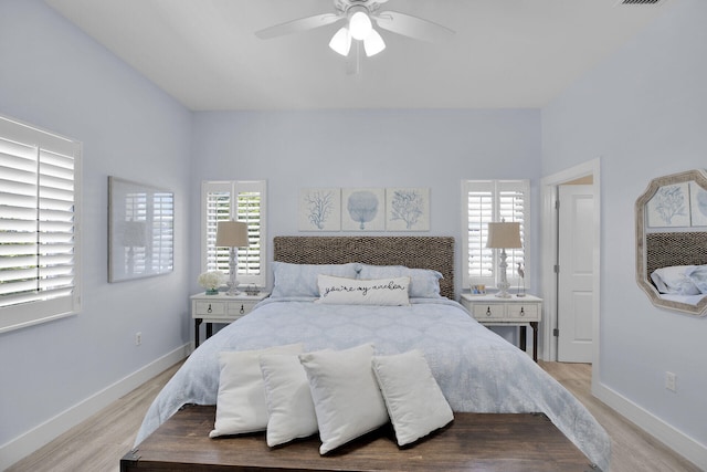 bedroom featuring ceiling fan and light wood-type flooring