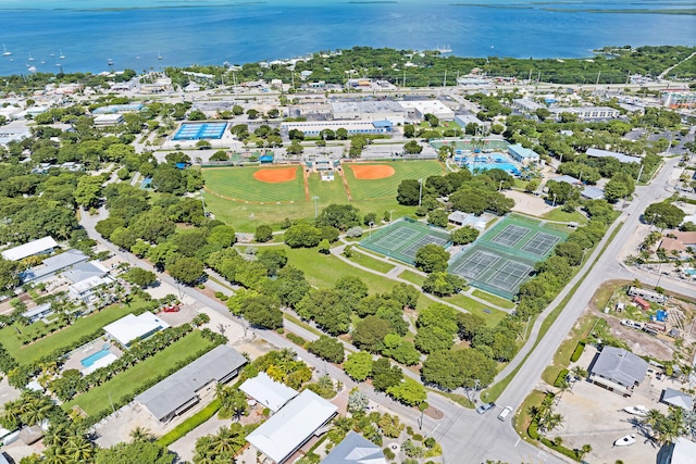 drone / aerial view with a water view