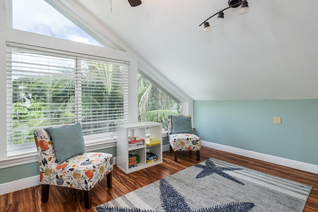 living area featuring lofted ceiling, plenty of natural light, and dark wood-type flooring