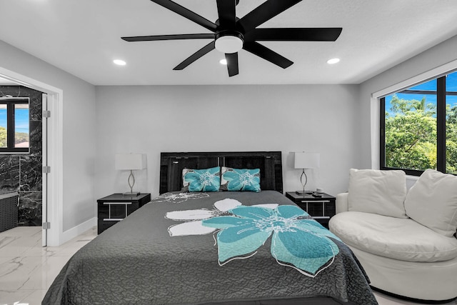 bedroom with baseboards, marble finish floor, multiple windows, and recessed lighting