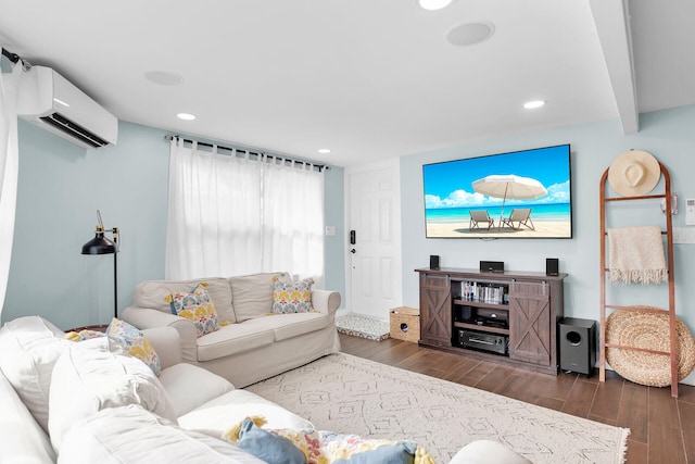 living room featuring dark wood-type flooring, an AC wall unit, and beamed ceiling