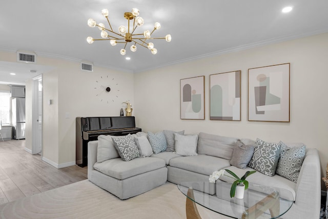 3314 Northside Dr Unit 53, Key West, FL 33040 - living area featuring ornamental molding, visible vents, light wood-style flooring, and a chandelier