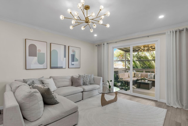 3314 Northside Dr Unit 53, Key West, FL 33040 - living area with crown molding, light wood finished floors, a chandelier, and recessed lighting