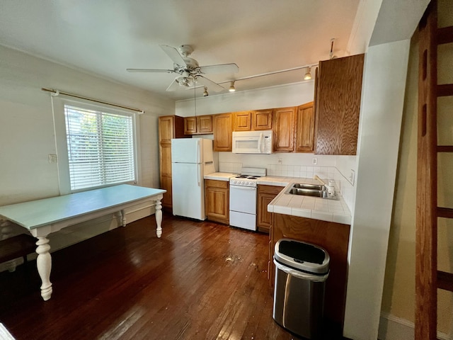 1122 Margaret St, Key West, FL 33040 - kitchen featuring a sink, ceiling fan, white appliances, tile counters, and dark wood-type flooring