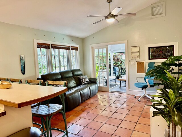 1122 Margaret St, Key West, FL 33040 - living area featuring a ceiling fan, light tile patterned floors, vaulted ceiling, and visible vents