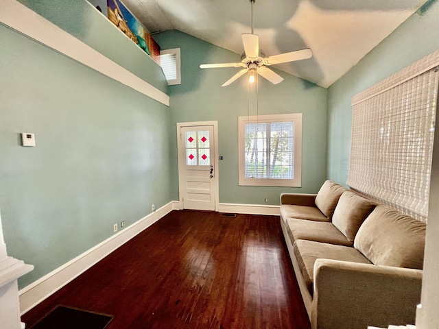 1122 Margaret St, Key West, FL 33040 - unfurnished living room with visible vents, baseboards, a ceiling fan, dark wood finished floors, and high vaulted ceiling