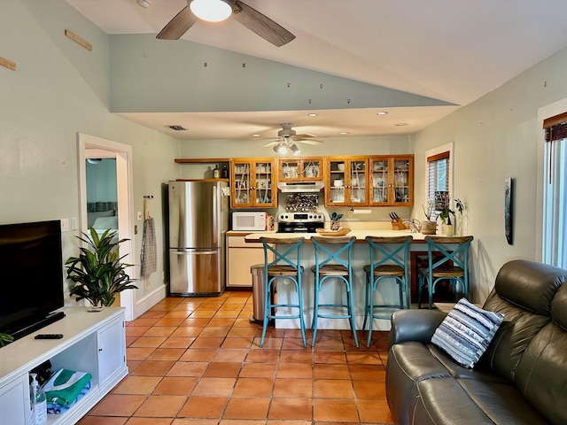 1122 Margaret St, Key West, FL 33040 - kitchen with a breakfast bar, a peninsula, under cabinet range hood, ceiling fan, and stainless steel appliances