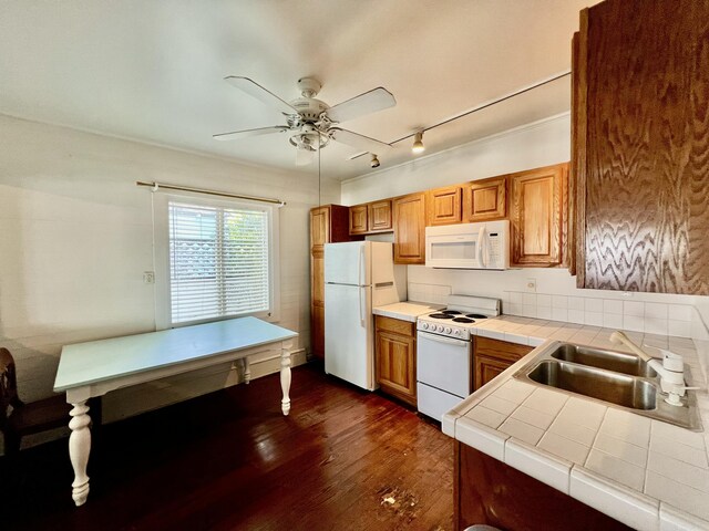 1122 Margaret St, Key West, FL 33040 - kitchen with tile countertops, ceiling fan, white appliances, dark wood-type flooring, and a sink