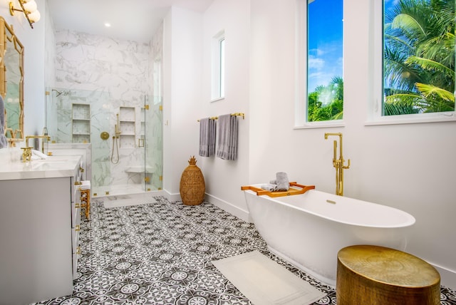 bathroom featuring vanity and plus walk in shower