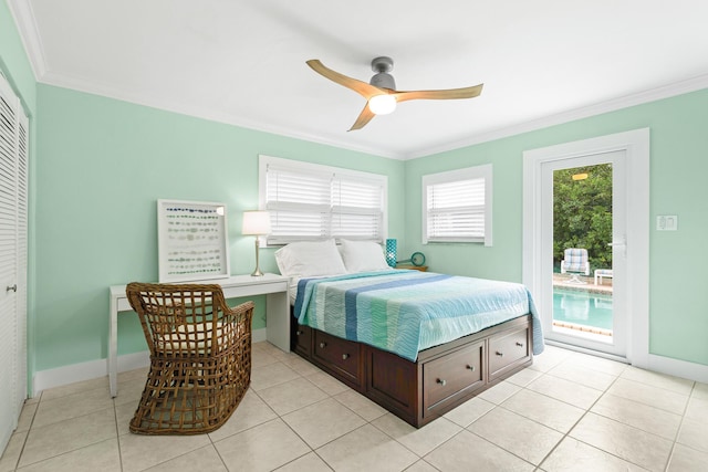 tiled bedroom with crown molding, ceiling fan, a closet, and access to outside