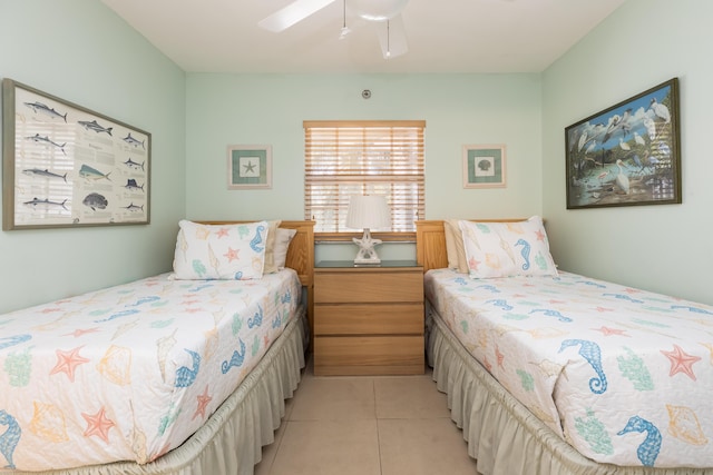 bedroom with light tile patterned floors and ceiling fan