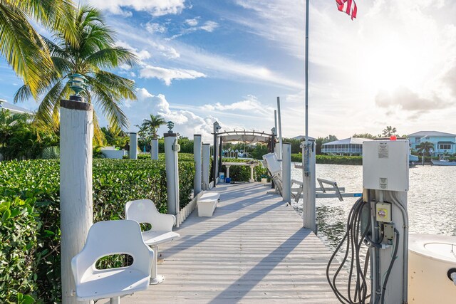 exterior space featuring a dock, a water view, and boat lift