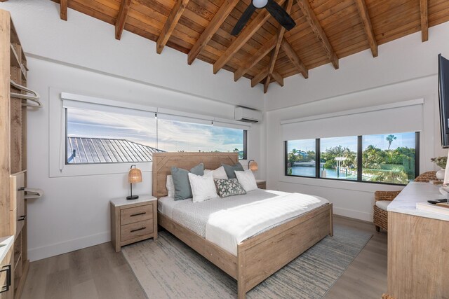 bedroom featuring vaulted ceiling with beams, wooden ceiling, and light wood-type flooring